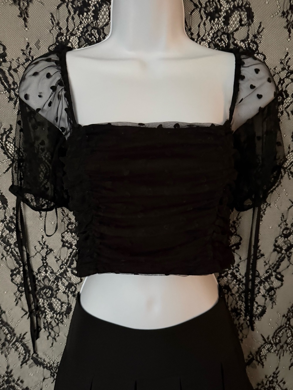 Forever 21 black mesh ruched crop top with tie sleeves with head details